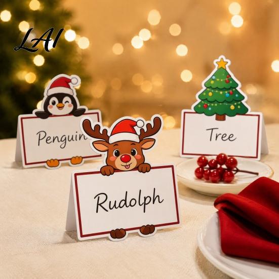 Festive Table Decor Christmas Party Place Card Holders Cartoon Santa Reindeer Name Tag Stands Holiday Decorations for Seating DIY Write-On
