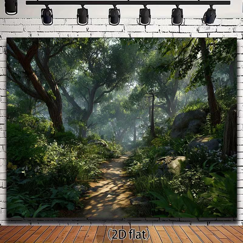 2D Woodland Forest Backdrop, Misty Green Path Background for Outdoor Themed Party