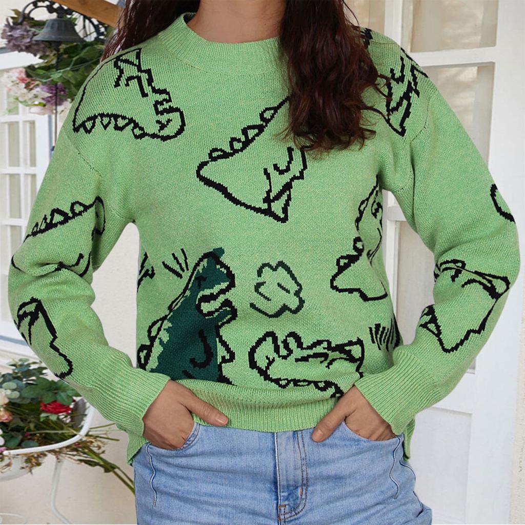 Women’s Dinosaur Knit Sweater O-Neck Cute Oversized Pullover Sweaters