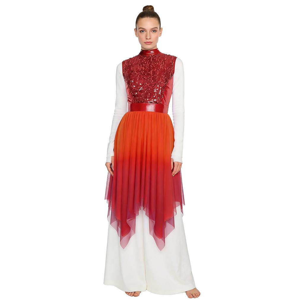 Womens Worship Praise Dance Dress Glittery Sequined Sleeveless Bodice Gradient Mesh Irregular Hem Lyrical Liturgical Dance Costume