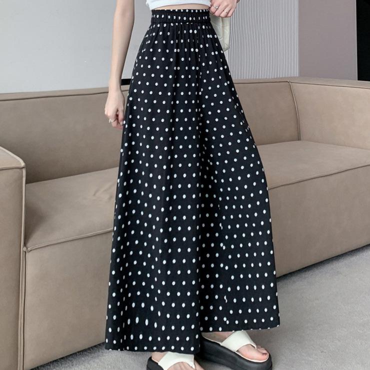 2024 Women's High-Waist Polka Dot Wide-Leg Skirt Pants - Korean Style, Summer, Nine-Point Length