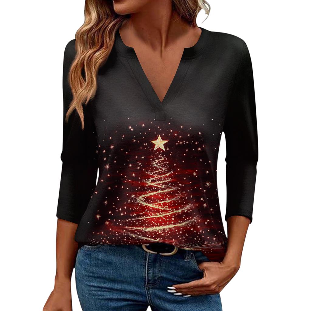 Women's Casual Fashionable Sexy Comfortable V-Neck Christmas Three-Quarter Sleeve Top