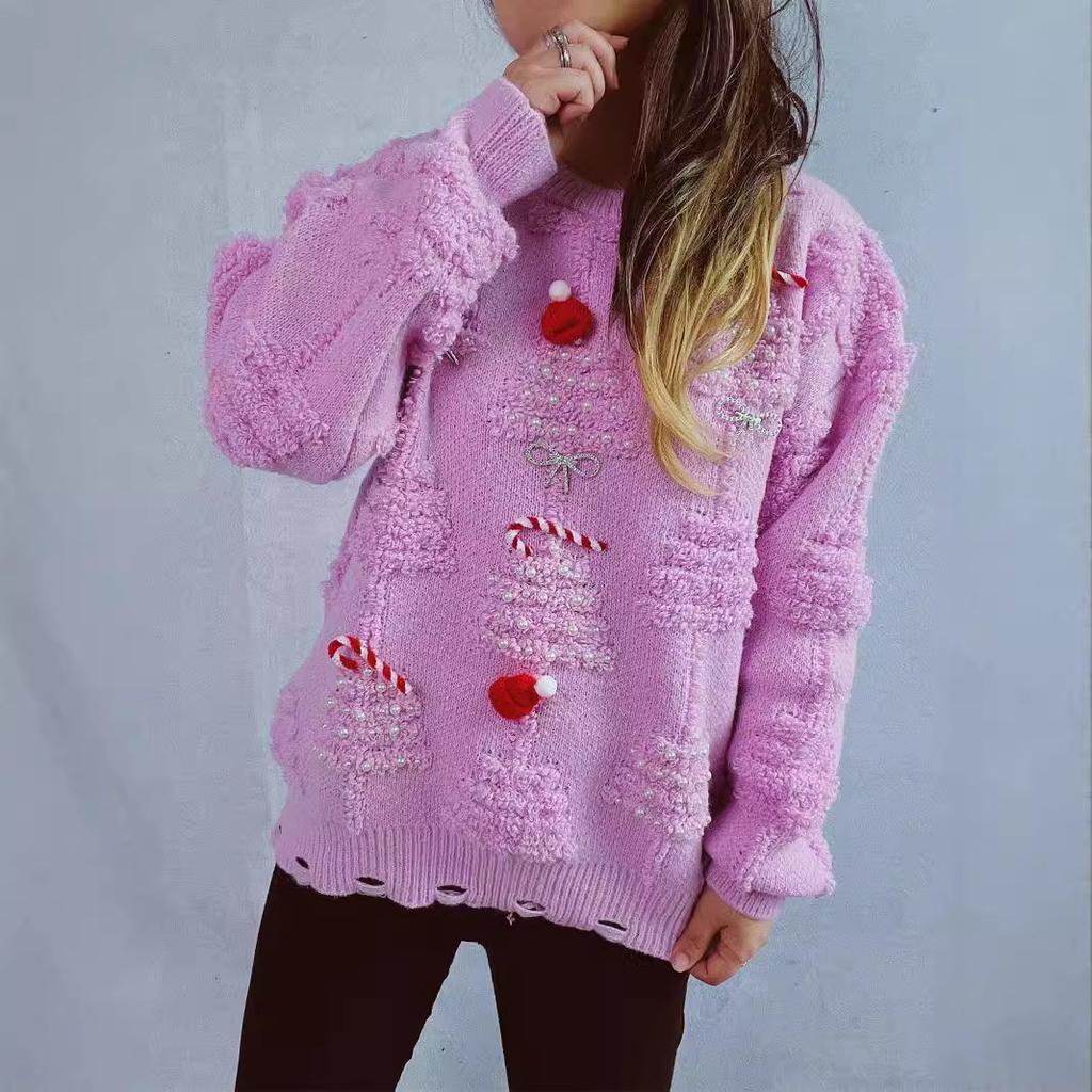 Solid color handmade pearl Christmas three-dimensional decoration plush New Year sweater Christmas sweater 3612 EMA