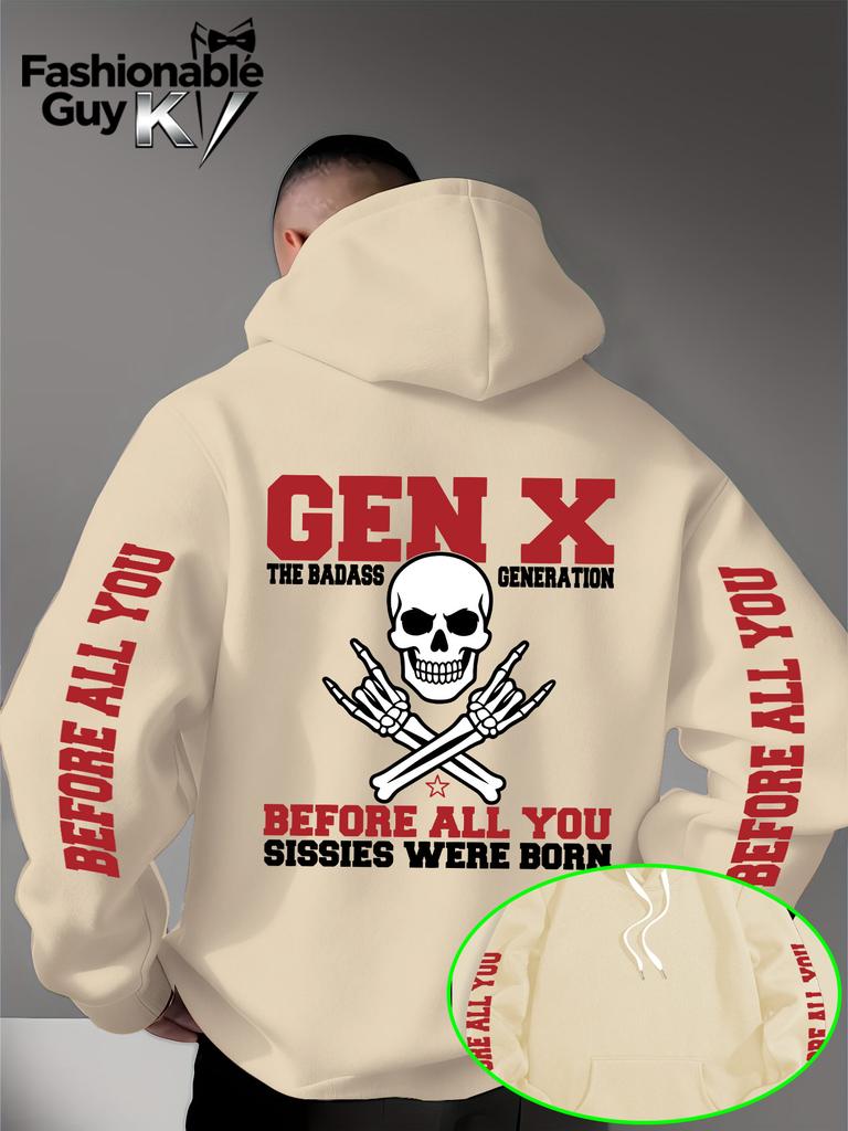 Gen X Totenkopf Knochen Rock Geste Print Herren Hip Hop Sportlicher Hoodie, Seiten Vertikaler Buchstaben Slogan Rückendesign, Locker Punk Street Sweatshirt