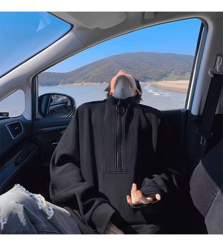 Herren Dekonstruierter Halbreißverschluss Schwerer Hoodie - Herbst/Winter Trend, Lockerer Nischen-Design Freizeitpullover