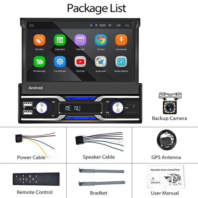 

1 Din 7-дюймовый Android 10.1 Автомобильный радиоприемник с поддержкой авторадио Беспроводная связь Carplay и Android Auto GPS-навигация Wi-Fi Bluetooth USB FM Вид сзади чёрный