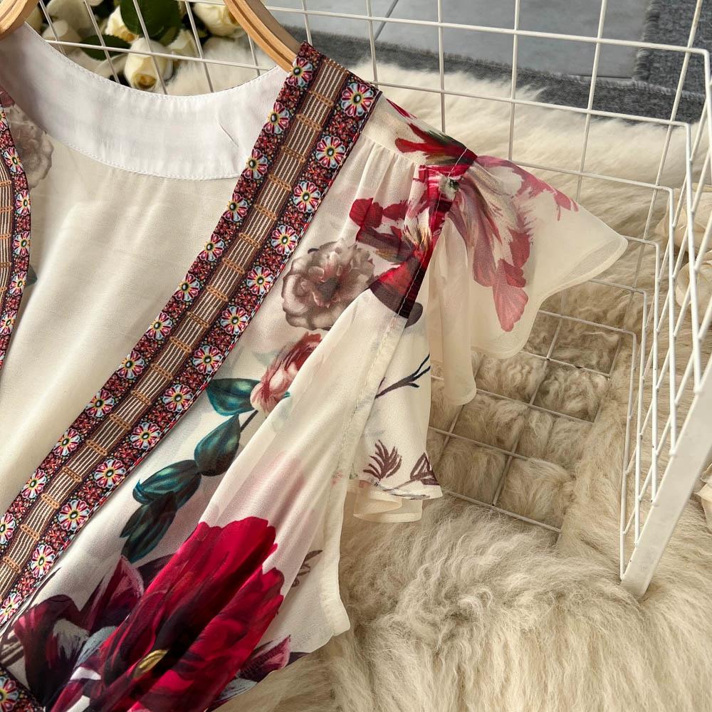 Summer Sweet Ethnic Style Retro Deep V-neck Wooden Ear Edge Sleeveless Printed Dress Women Cake Fairy Long Dress