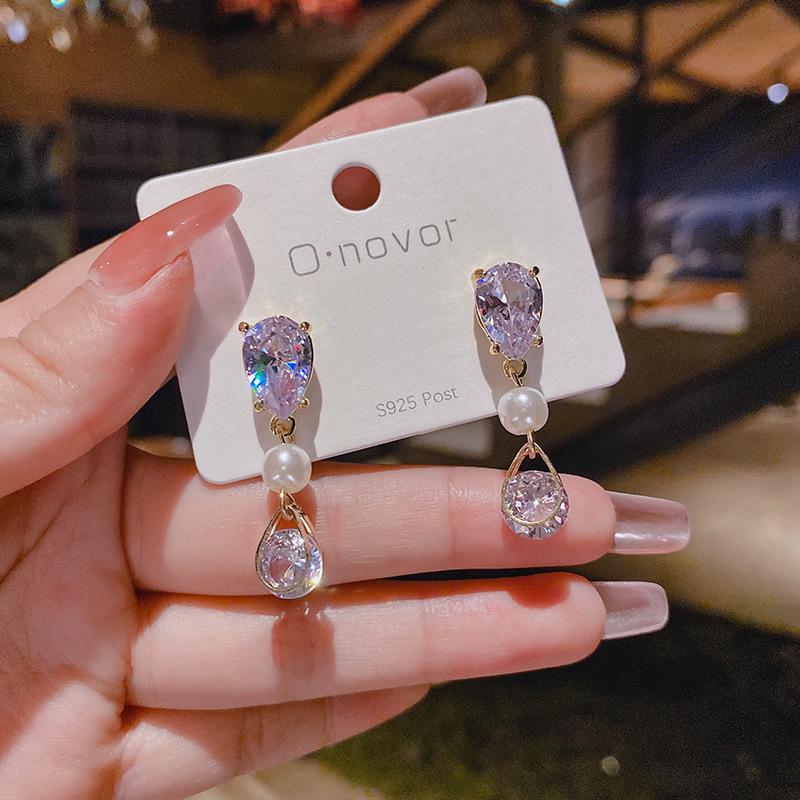 S925 Silver Teardrop Pearl Zircon Stud Earrings: Elegant Women's Fashion