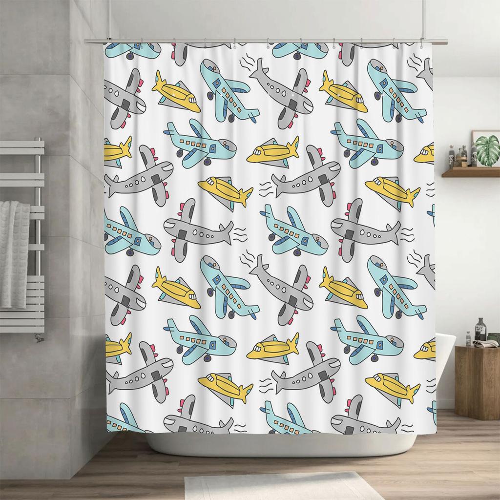 Blue Yellow Airplane Print Shower Curtain for Kids Bathroom Decor