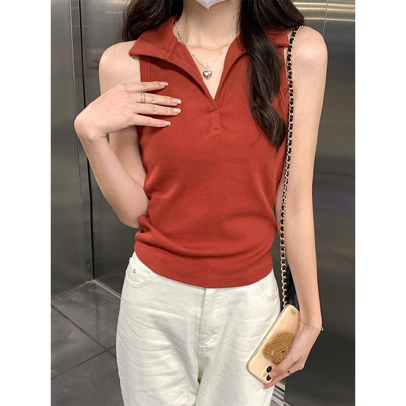 Retro Hong Kong Style V-Neck Polo Vest - Women's Slim Sleeveless Summer Top