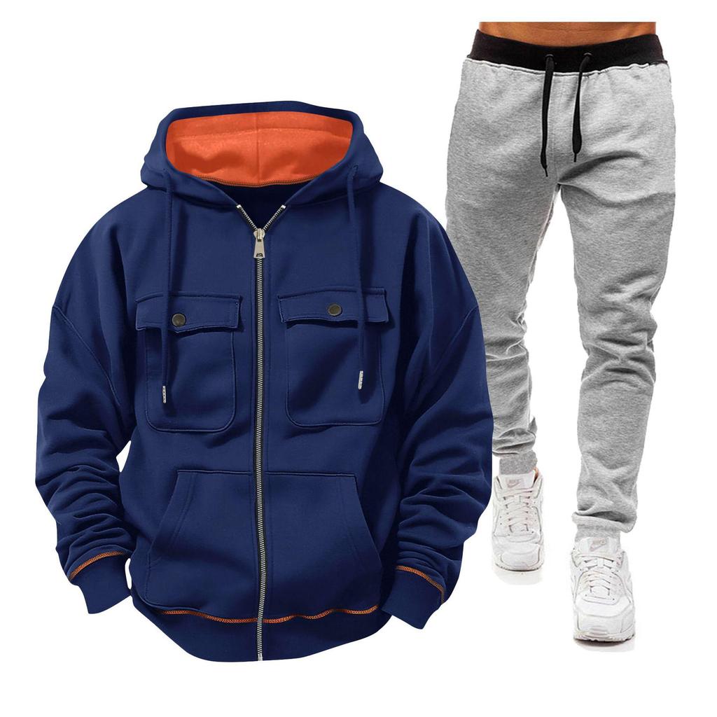 Pánská fleecová mikina s kapucí, sada se zapínáním na zip s dvojitou kapsou a plyšovou podšívkou - Ležérní sportovní oblečení