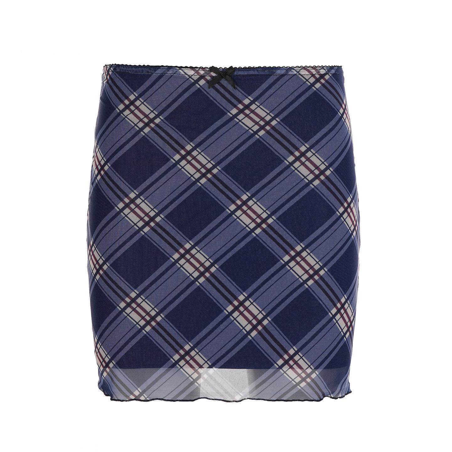 American Retro Plaid Low-Waist A-Line Mesh Skirt - Slimming and Versatile Women s Fashion Small синий