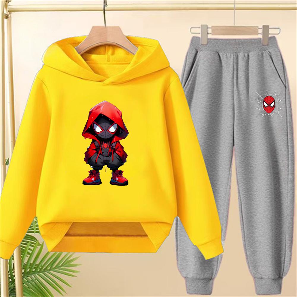 Çocuk Siyah Kapişonlu Örümcek Adam Baskılı Spor Kazak Mont Sweatshirt+Pantolon Erkek Kız Bebek Giysileri Eğlence Seti