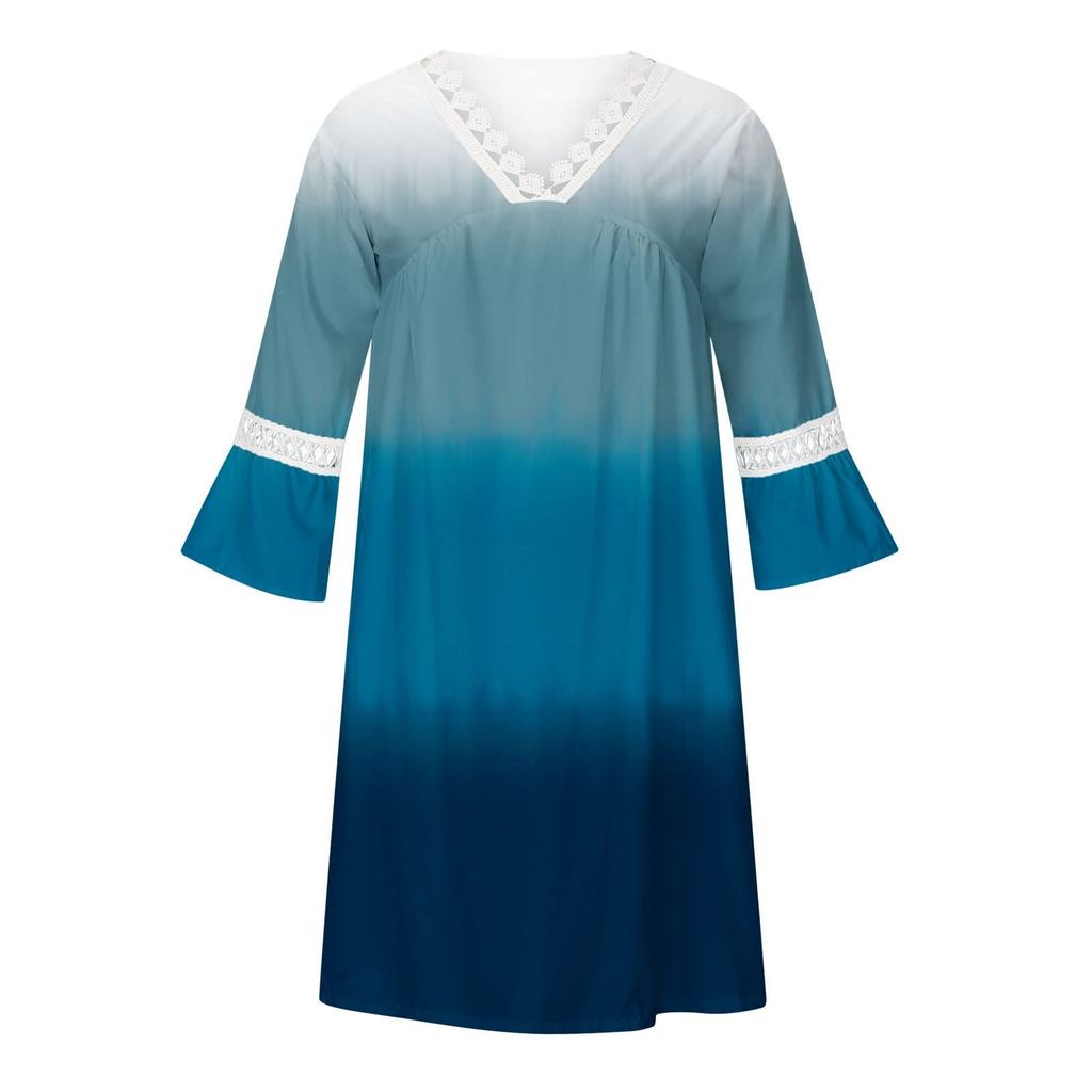 Mote kvinners V-hals trykt blonder Patchwork Bohemian Casual Resort Dress