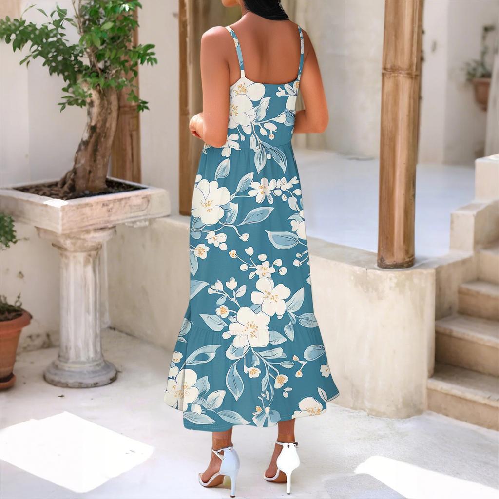 Damska Długa Plażowa Codzienna Elegancka Sukienka Maxi na Cienkich Ramiączkach, Szyta, Subtelna, Zwiewna Sukienka w Stylu Boho