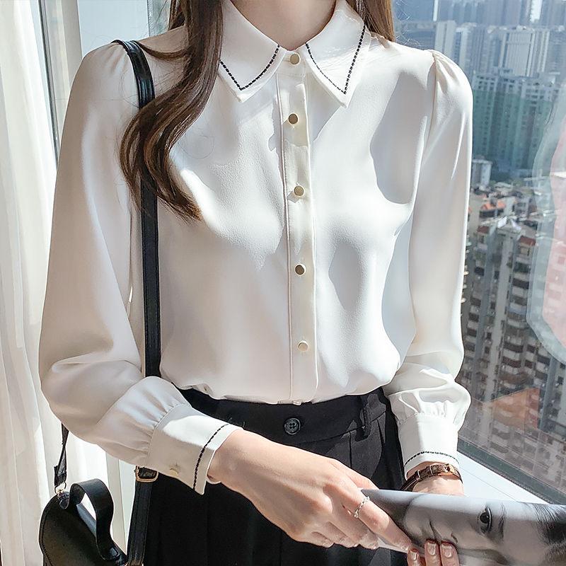

Women Spring Autumn Style Blouses Shirts Lady Casual Long Sleeve Turn-down Collar Solid Color Blusas Tops 3XL белый