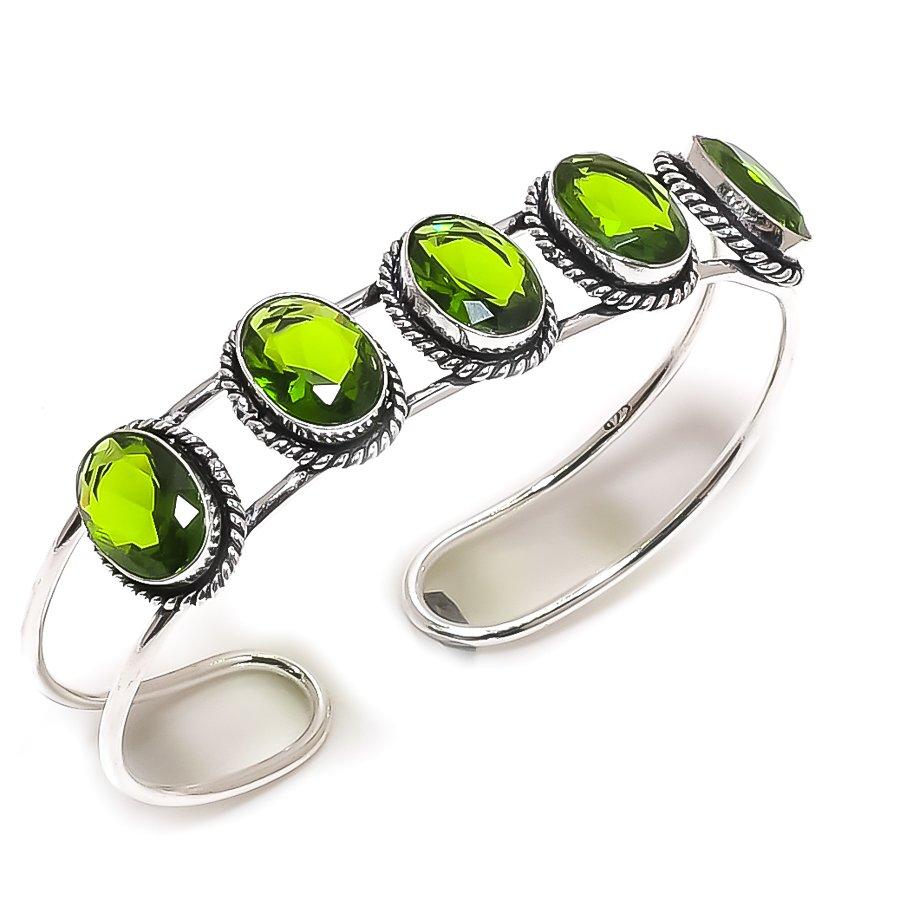 

Натуральный Перидот Драгоценный Камень 925 Стерлинговое Серебро Манжета Браслет Регулируемый R3h68