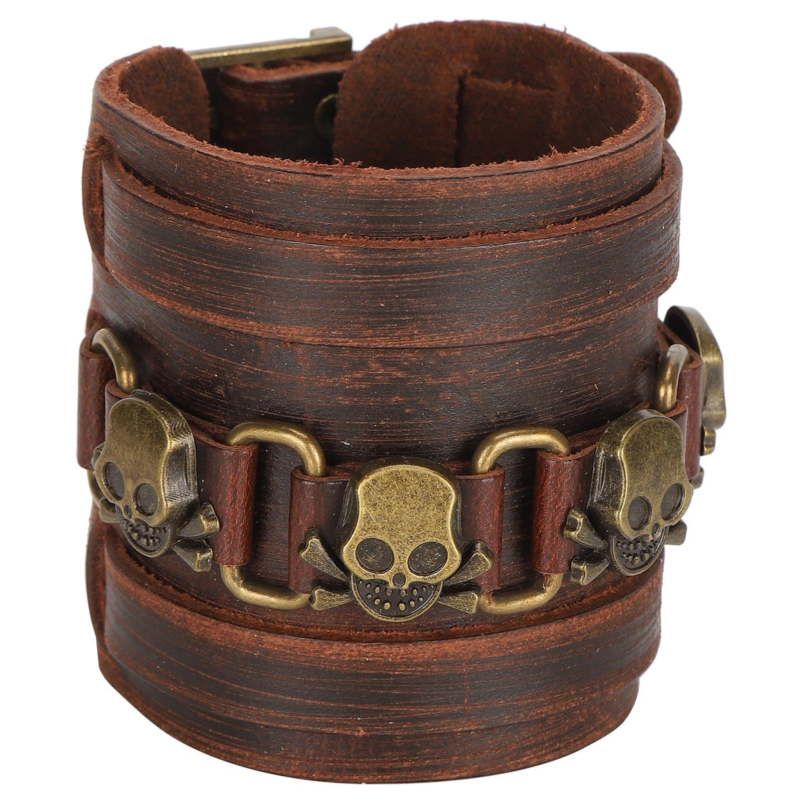 

Плетеный браслет из спилковой кожи, регулируемый, с пряжкой-штифтом, ручной работы, винтажный, с черепом, манжета на запястье, украшение(коричневый ) коричневый