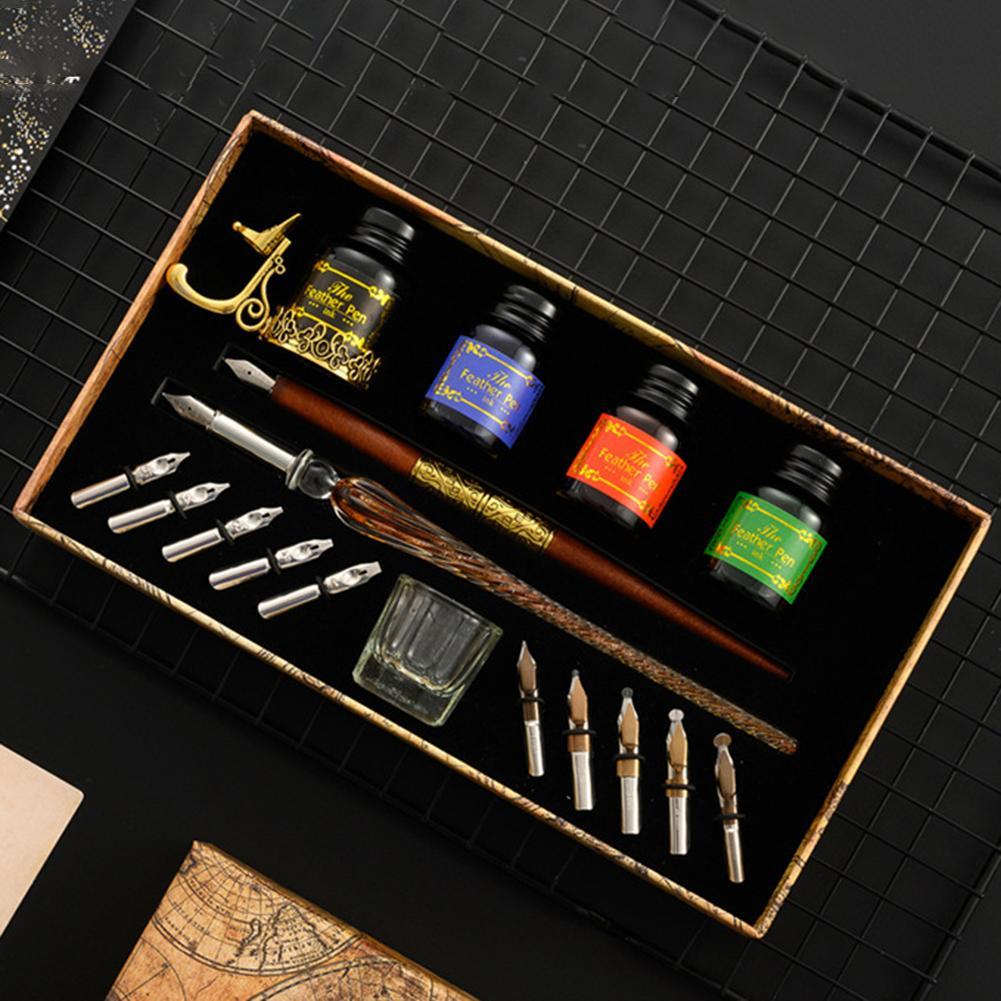 Retro European Star Starry Sky Glass Fountain Dip Pen Set Student English Ink Calligraphy Pen Birthday Writing Stationery Gift