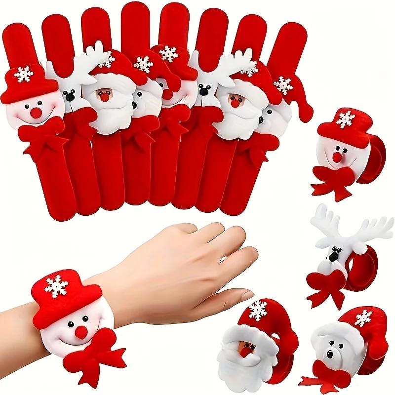 10pcs Christmas Clap Bracelets - Holiday Party Gifts with Various Santa Claus, Snowman, and Reindeer Designs