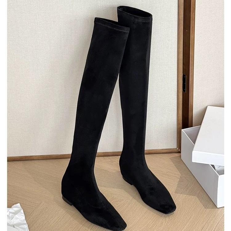 Inner height increase over knee elastic boots women's 2025 autumn and winter new suede square head bag legs thin boots brown thin boots