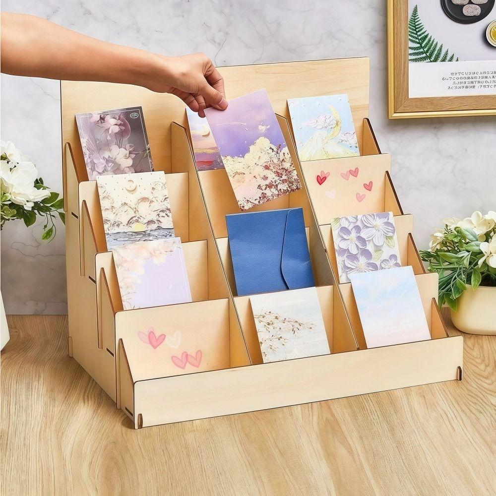 Wooden Greeting Card Display Stand 12 Grids Smooth Edges Greeting Card Rack Simple Design DIY PSA Card Display Stand
