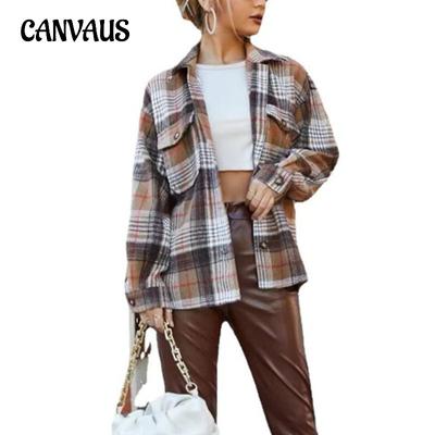 Autumn and Winter Women's Jacket Cardigan Casual Vintage Plaid Lapel Tweed Long Sleeve Jacket