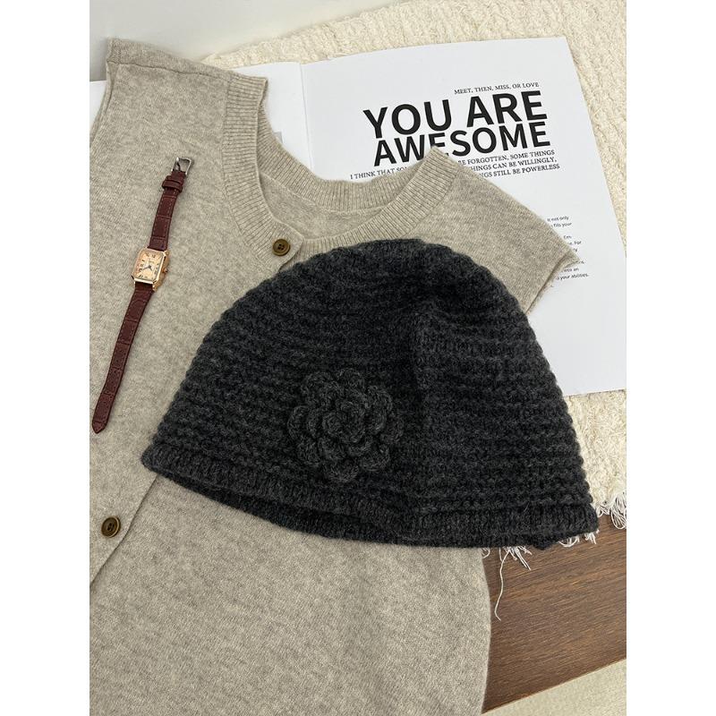 All Wool Flower Hat for Women Sweet and Handcrafted Woolen Knitted Hat  Winter Warm Ear Protecting Hat