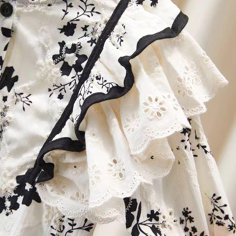 Girls Spring Comfortable Casual Suit Middle Child Single Breasted Lace Shirt + Flared Pants Two Piece Set