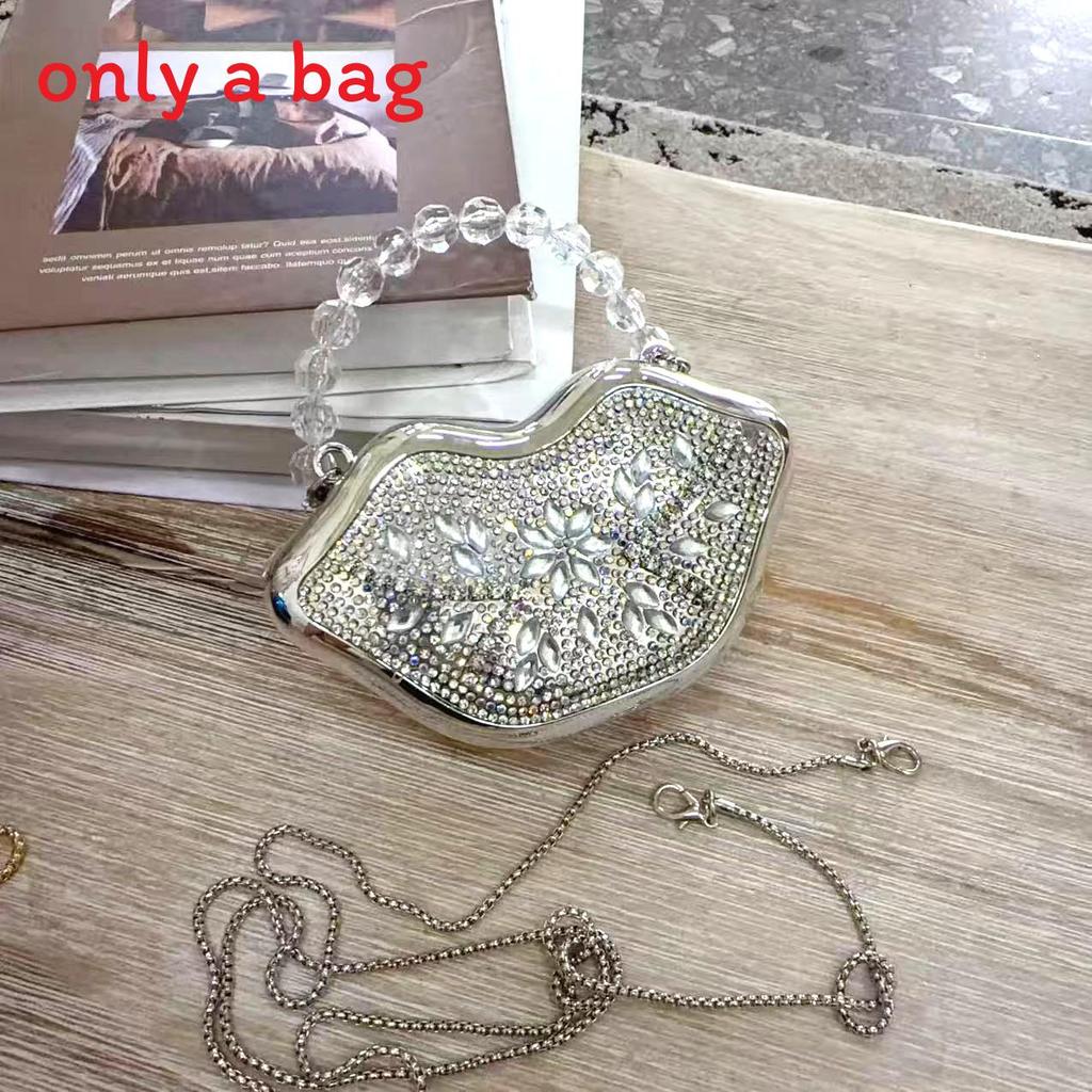 Mini Metal Lip Clutch Bag With Chain And Rhinestones For Evening Parties