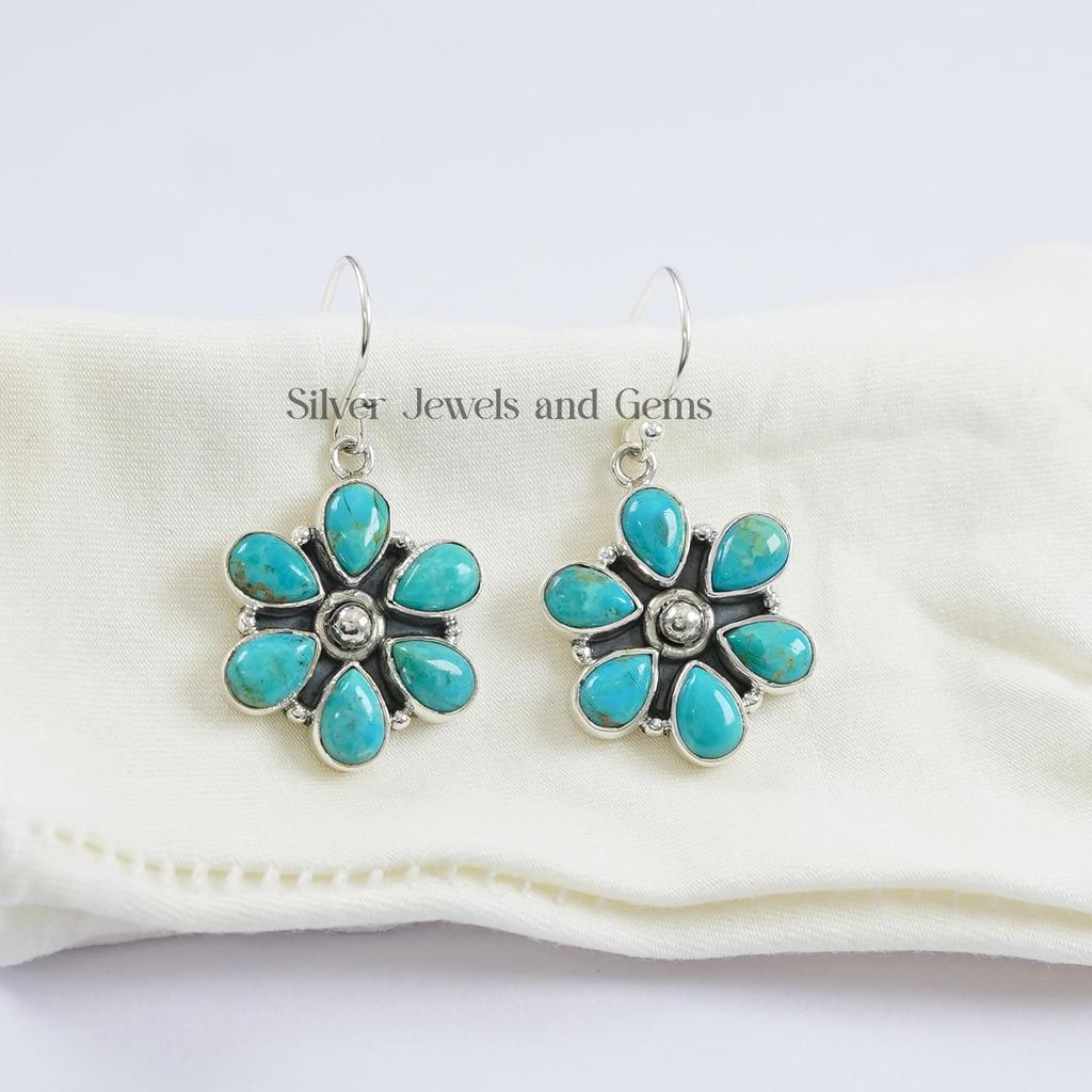 Natural Turquoise Dainty Earrings, Dangle Earrings, 925 Sterling Silver Earrings, Cluster Earring, Gemstone Earring, Birthday Earrings