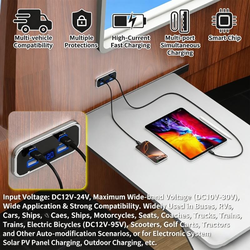 USB Outlet Car Charging 4 Ports Double PD QC3.0 Voltmeter Wall Mount Accessories Simple Installs for 12V 24V Cars Trucks