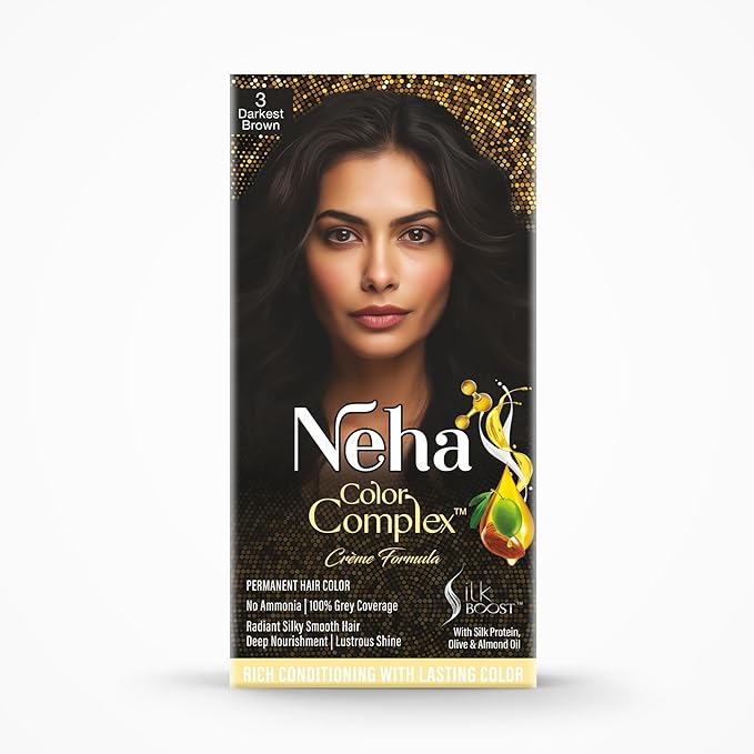

Neha Color Complex Стойкая краска для волос, Самый темный коричневый 3, Красящий состав 60 мл + Проявитель 60 г, Саше с кондиционером (6 мл х 2)