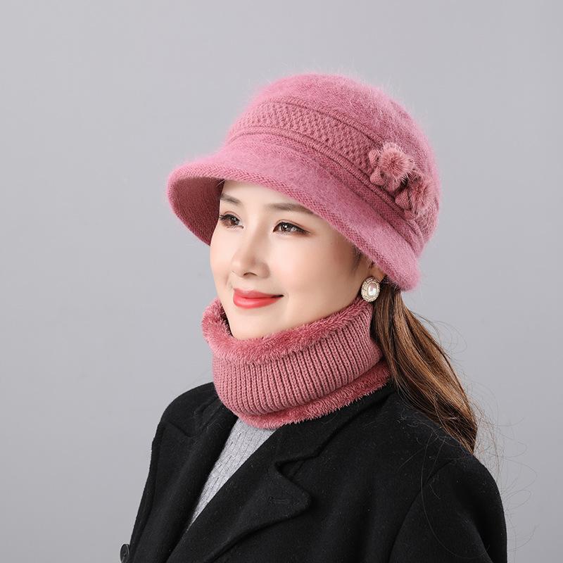 Mom hat autumn and winter velvet warm women's scarf two-piece set knitted thread hat fashionable versatile wool basin hat