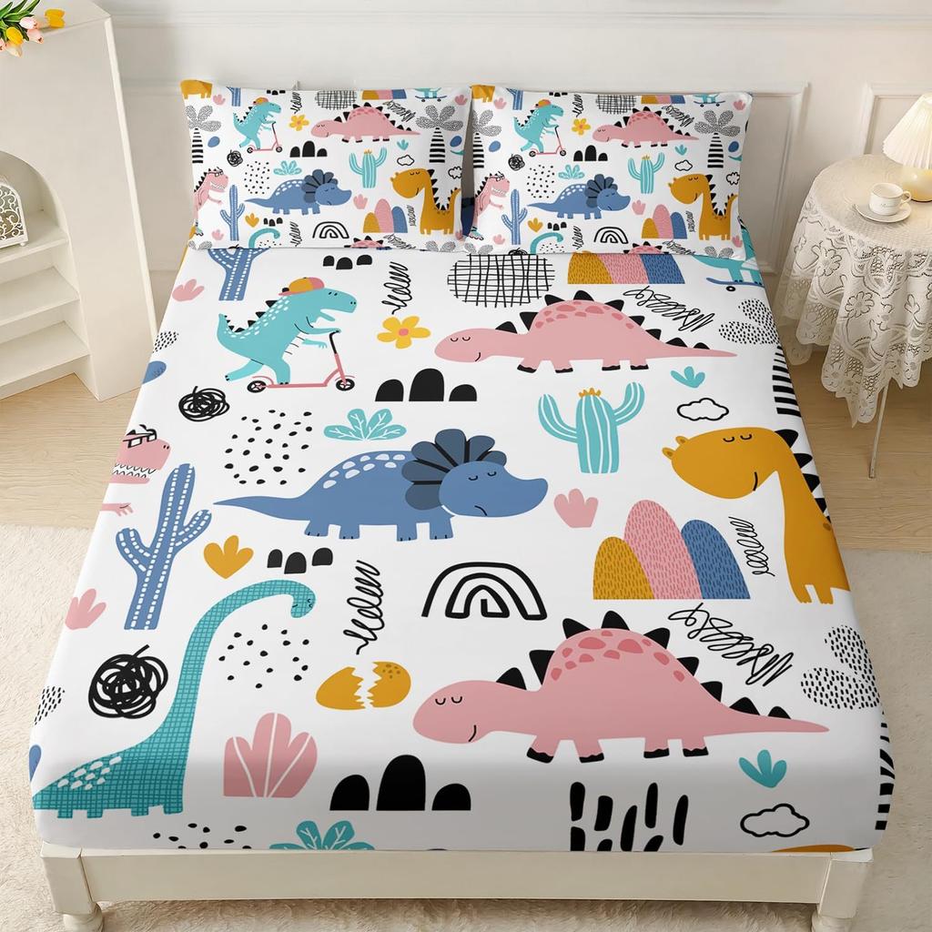 Cute Dinosaur Bedding Set 2pcs Single Size Fitted Sheet with Pillowcase for Kids Boys Teens Cartoon Animal Design