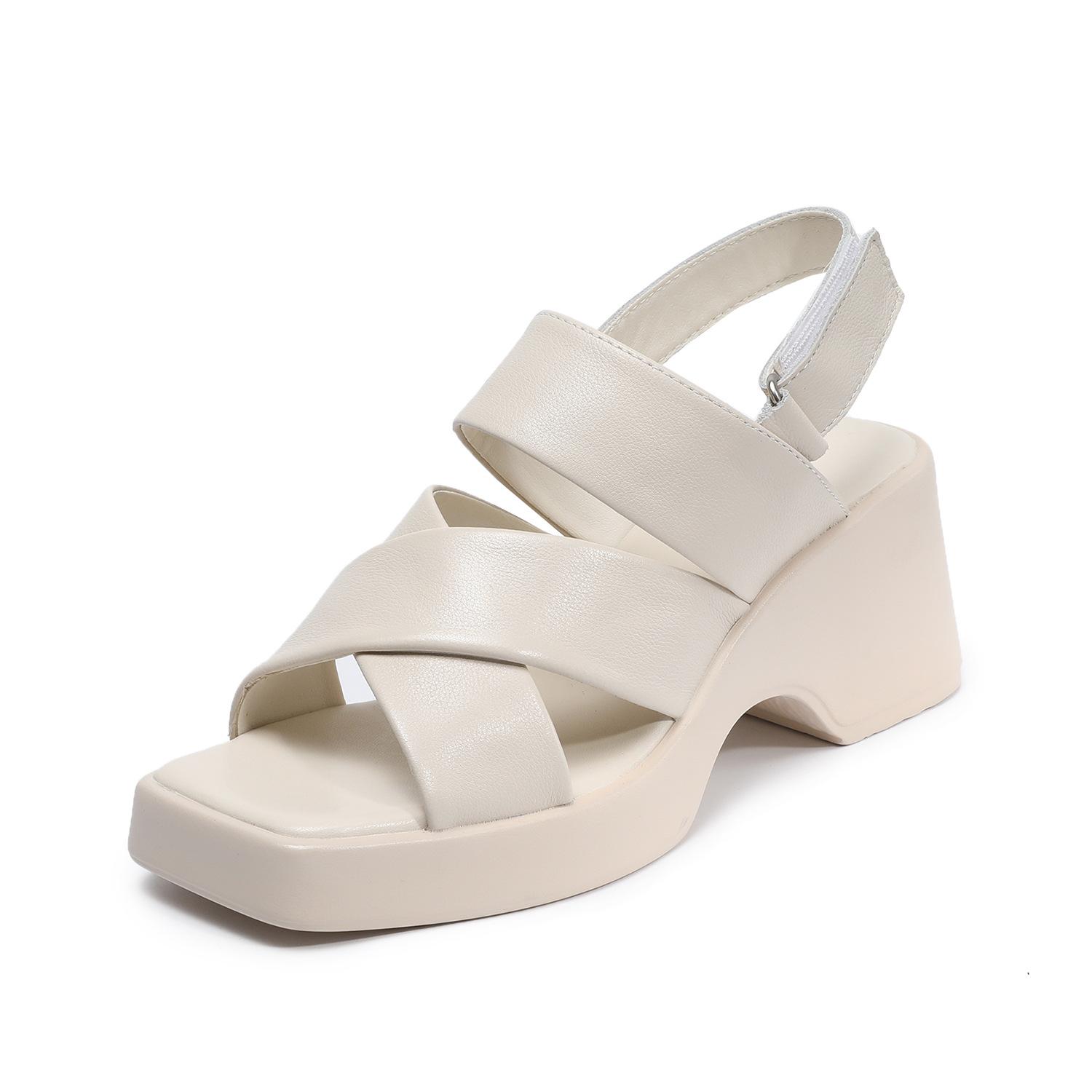 Johnature Thick Soled High-heeled Sandals Genuine Leather Square Toe Peep Toe Roman Women s Shoes 35