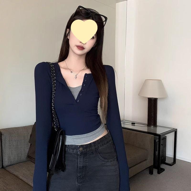 Retro V-Neck Slim Fit Layered Long-Sleeve Top for Women