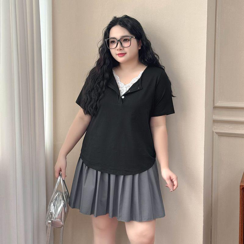 

Plus size women clothing [Cool T] Ice Porcelain Cotton V-neck Lace Patchwork Short sleeve T-shirt 100.00kg Belly Covering Arc Top Night Sky Black 8xl