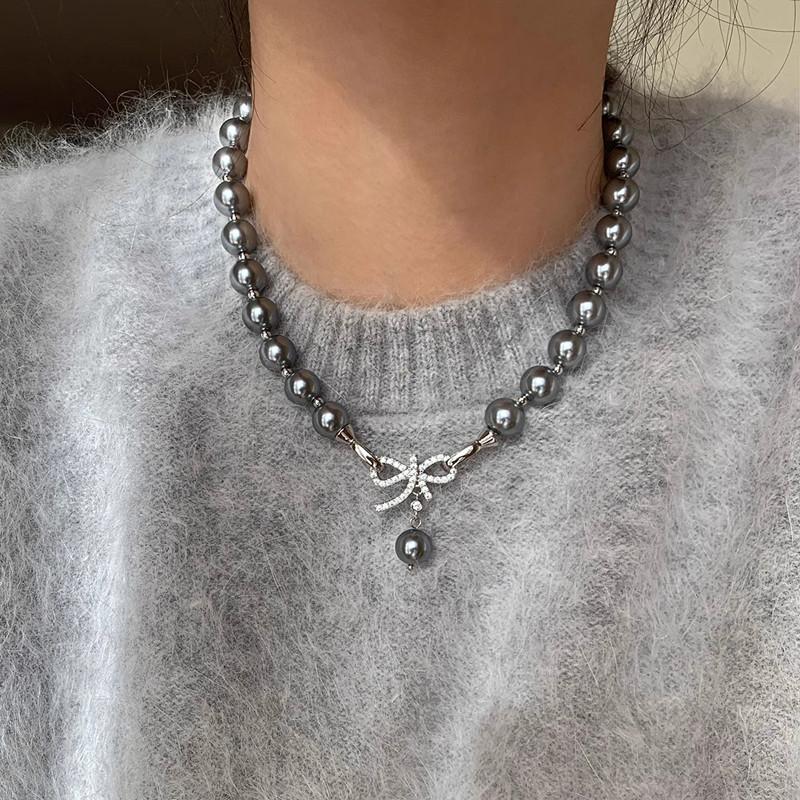 Tahiti Black Shijia Pearl Zircon Bow Pendant Pearl Necklace Fashion Temperament Bracelet Sweater Chain