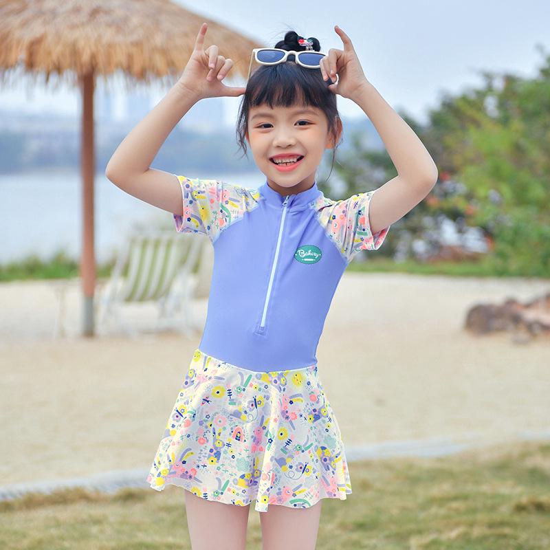 2024 Girls' Cute Skirt-Style One-Piece Swimsuit: Short Sleeve, Sun Protection, Quick-Dry. Sizes for Young To Middle-Aged Kids.