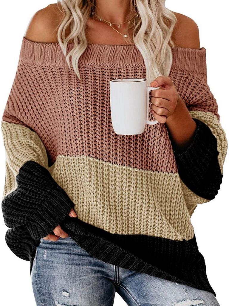 Women's Autumn Winter Knit Set Sweater Loose Patchwork Color One-Shoulder Crewneck Pullover