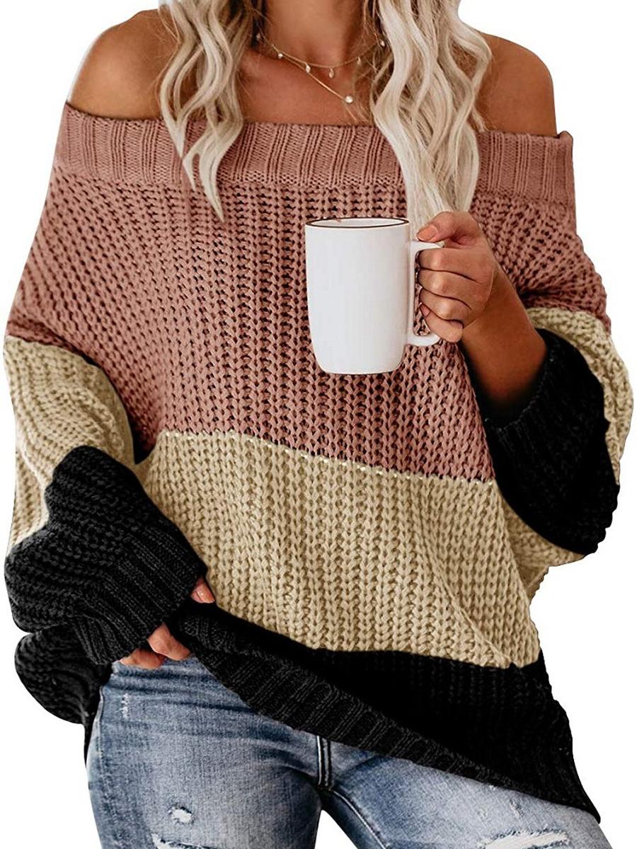 Женский Осенне-Зимний Вязаный Комплект Свитер Свободный Пэчворк Цветной Одно плечо Круглый вырез Пуловер XL розовый