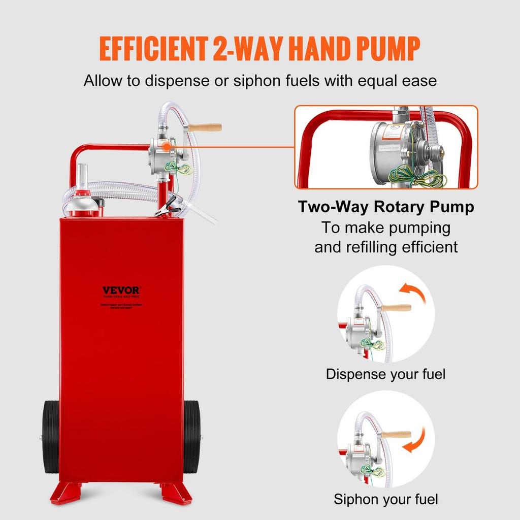 30 Gallon Fuel Caddy, Fuel Storage Tank on 2 Wheels, Portable Gas Caddy with Manuel Transfer Pump, Gasoline Diesel Fuel Container for Cars, Lawn
