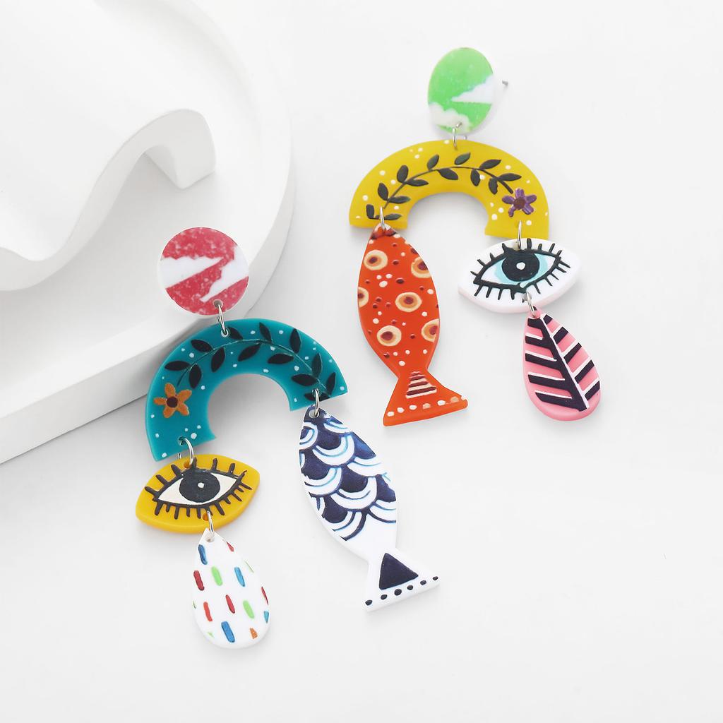 Kolczyki w stylu etnicznym dla kobiet, vintage, z nadrukiem liścia i rybiego oka, akrylowe kolczyki wiszące, biżuteria dopaminowa dla dziewcząt, akcesoria do uszu