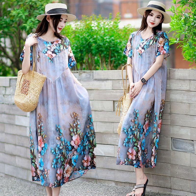 Summer Women's Plus Size Dress Loose Round Neck Floral Dress Soft Skin-friendly Breathable Long Dress