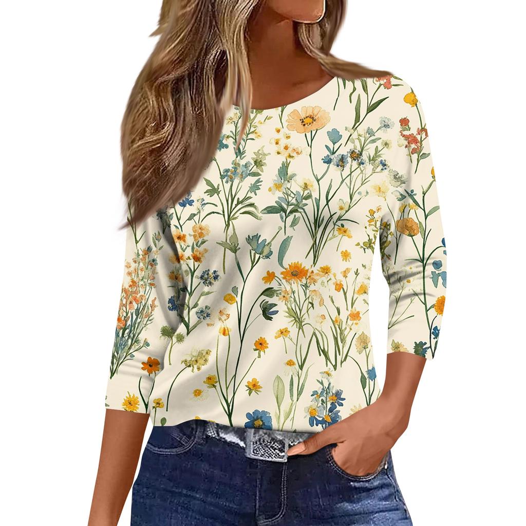 Women's Fashionable Casual Round Neck T-Shirt With Floral Print And Three-Quarter Sleeves