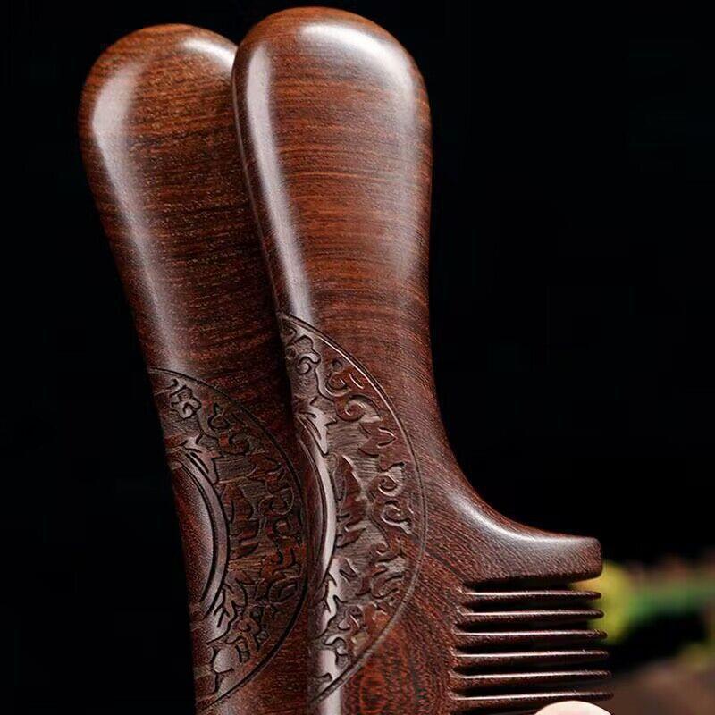 Black Gold Sandalwood Double-Sided Fine Tooth Hair Comb - Carved Moon Design, Ideal As a Holiday Gift