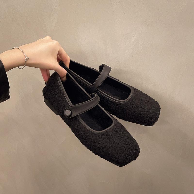 Autumn Winter French RetroTeddy Fur Mary Jane Women's Fur Flat Shoes Outerwear Simple and Fashionable Square Head Soft Loafers