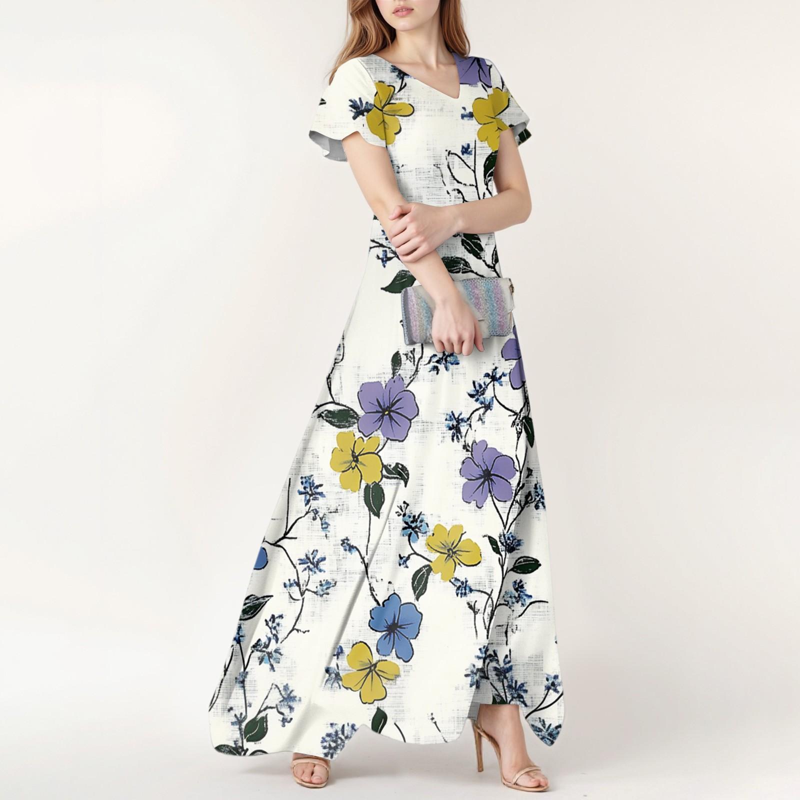 

Women s Spring And Summer Casual Fashion Floral Print Dress V Neck Short Sleeve Dress XL білий
