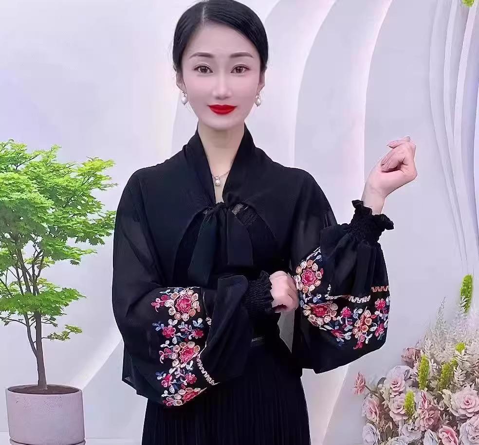 2025 Summer Fashion Embroidered Ice Silk Chiffon Long Sleeve Sun Protection Shawl for Driving and Air-Conditioned Rooms